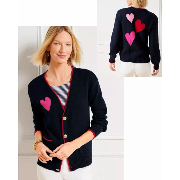 Talbots Plus Petite XL Tipped Heart V-Neck Navy Cardigan Pink Heart Valentines - Picture 2 of 11